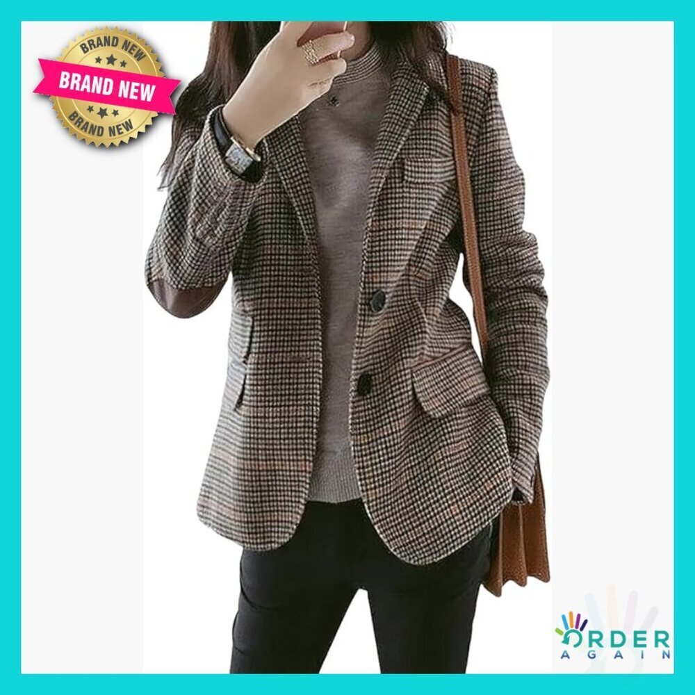 Vintage Houndstooth Boyfriend Blazer Slim Fit Patched Elbow Office Casual
